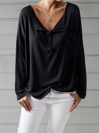 Cotton-Blend Long Sleeve Casual V Neck Tops