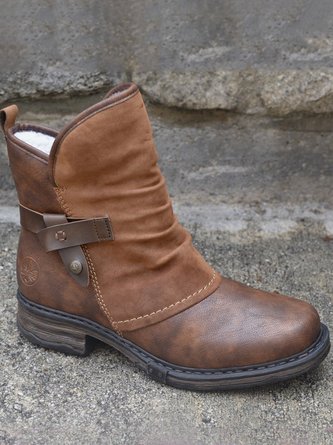 Brown Pu Low Heel Boots