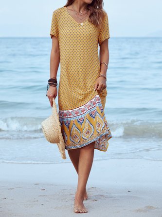 Printed Cotton Casual Short Sleeve Weaving Dress