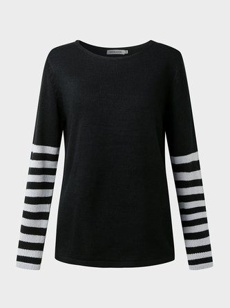 Black Round Neck Striped Cotton-Blend Casual Shirts & Tops