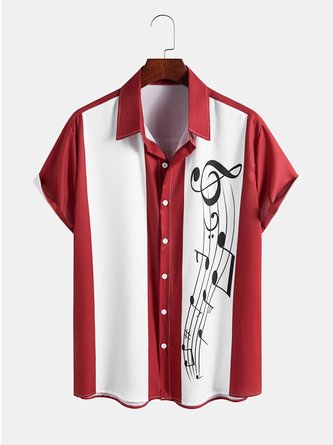 Mens Music Sheet Note Print Casual Breathable Loose Short Sleeve Bowling Shirts