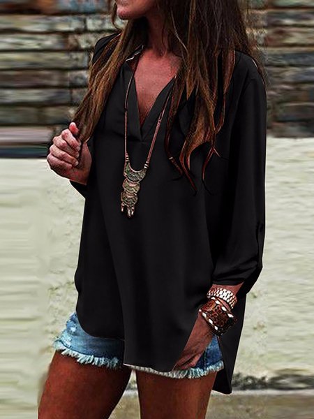 V Neck Slit Sleeve Black Blouse