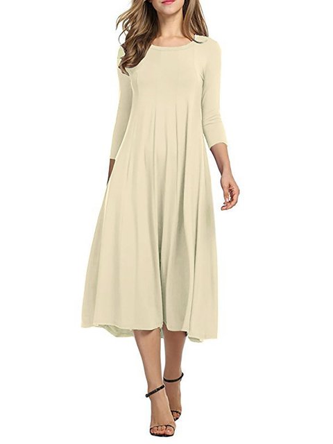 JustFashionNow Women Elegant Dress Swing Daily Dress 3/4 Sleeve Cotton ...