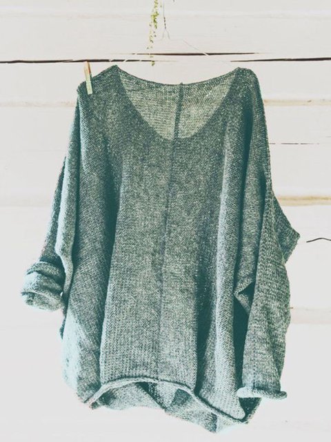 Casual Knitted Long Sleeve V neck Solid Blouse - JustFashionNow.com