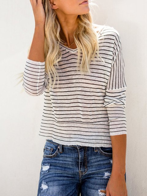 autumn spring cotton women round neck striped long sleeve blouses