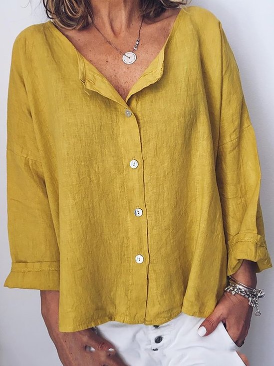 Women Solid Buttoned Casual Crew Neck Cotton Blouses