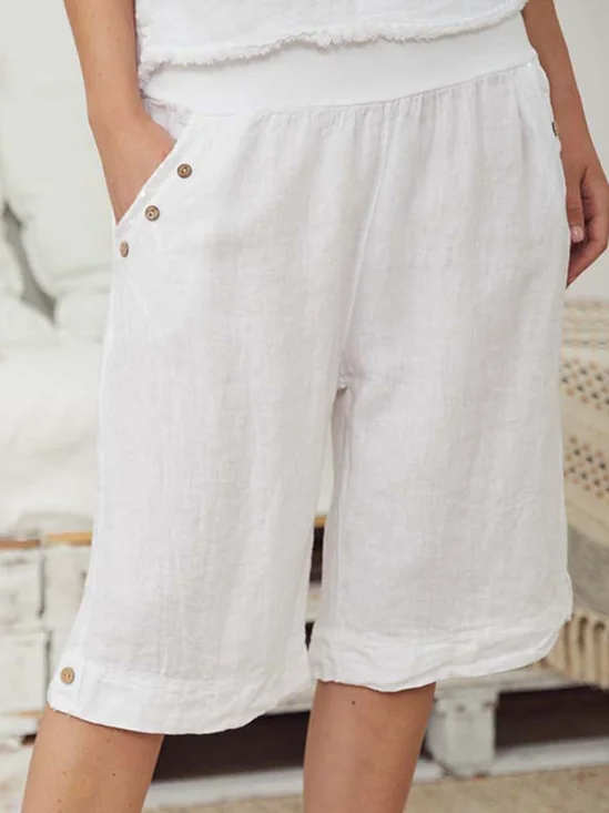 Solid Pockets Shorts Women Buttoned Shorts