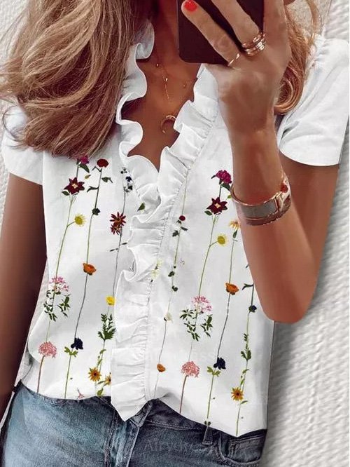 Women's Short Sleeve Blouse Summer Floral V Neck Date Going Out Casual Top White
