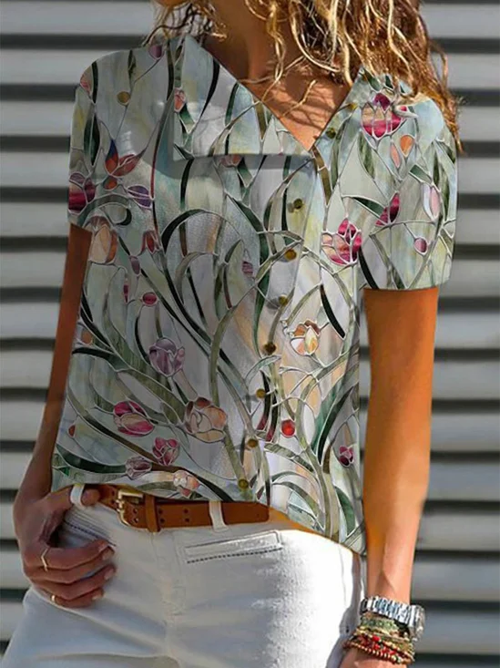 Women's Short Sleeve Shirt All Season Floral Asymmetrical Neck Going Out Vacation Top Multicolor