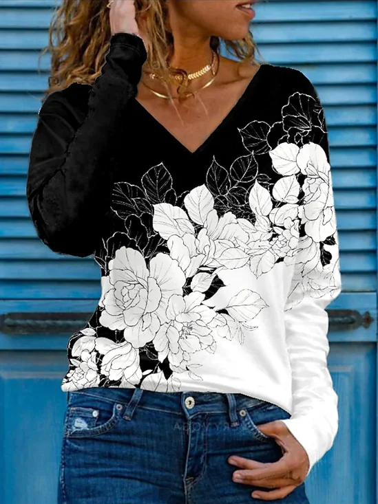 Floral Cotton Blends V Neck Casual T-shirt