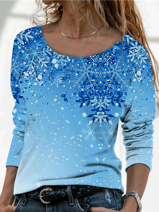Long sleeve round neck loose Christmas geometric snowflake gradient top T-shirt women