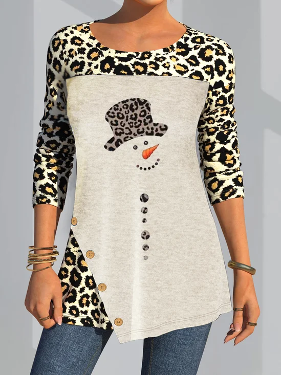 Christmas Snowman Regular Fit Leopard Buttoned Shirts & Tops