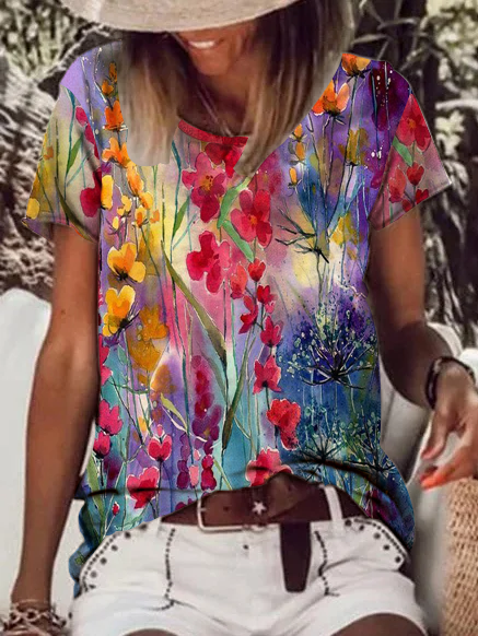 JFN Round Neck Floral Vacation T-Blouse/Tee