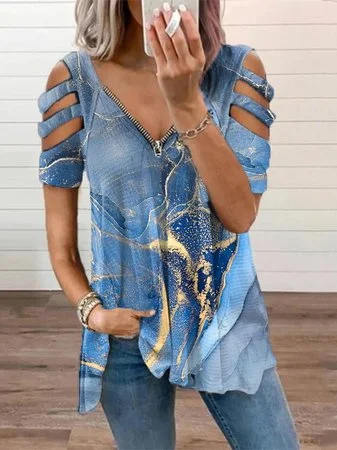 JFN V Neck Cut-Out Marbling Casual Blouse