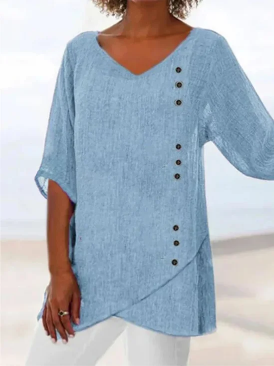 Women's Cotton Short Sleeve Shirt Summer Plain V Neck Daily Going Out Casual Tunic Top Blue