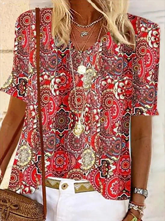 Women's Short Sleeve Blouse Summer Ethnic Crew Neck Vacation Going Out Casual Top Red