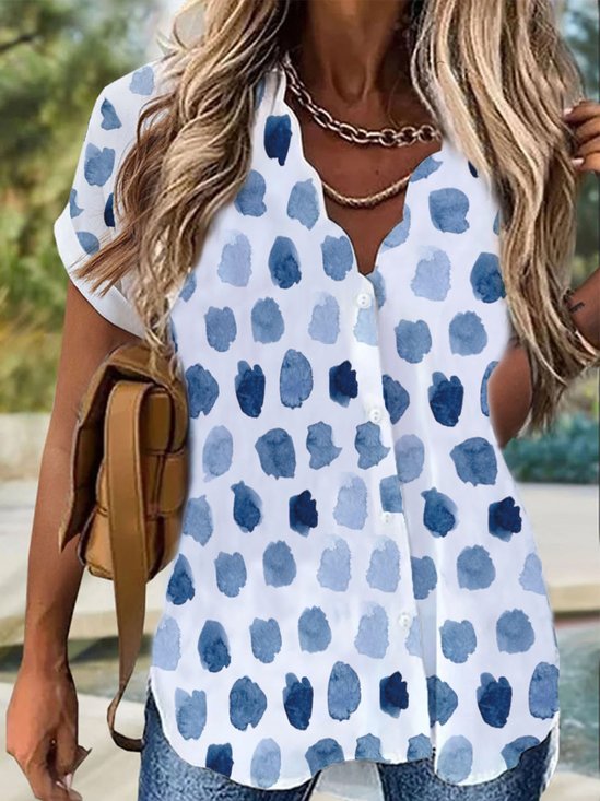 Women's Short Sleeve Shirt Summer Polka Dots Buttoned V Neck Daily Going Out Casual Top White