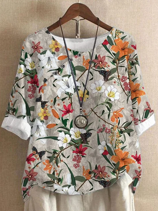 JFN Crew Neck Floral Buttoned Top