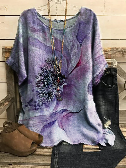 JFN Crew Neck Floral Casual Vacation Top Purple