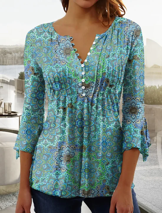 V Neck Ethnic Casual Top Casual 3/4 Sleeve Paisley Print Blouse