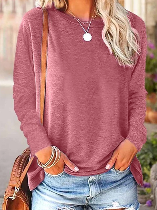 Women's Long Sleeve Blouse Spring/Fall Plain Cotton-Blend Crew Neck Daily Going Out Simple Top Black