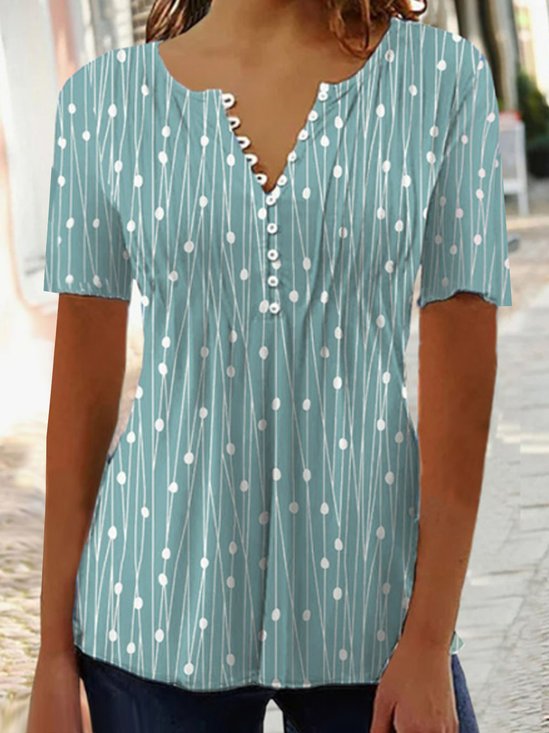 Women's Short Sleeve Blouse Summer Geometric Buckle Jersey Notched Daily Going Out Casual Top Green
