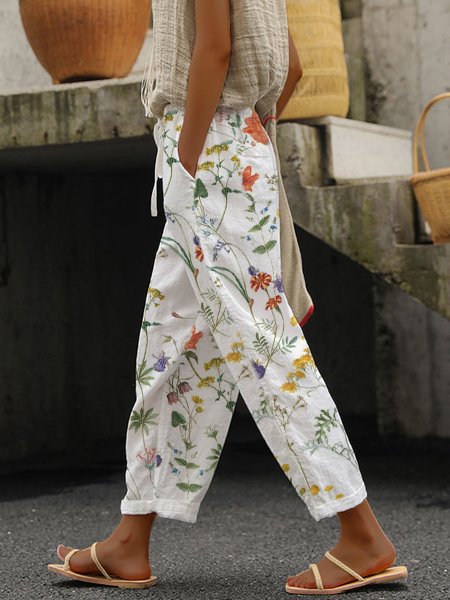 JFN Cotton & Linen Pants Floral Drawstring Waist Slant Pockets Lightweight Slacks