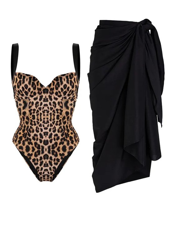 Printing Leopard Casual One Piece With Cover Up