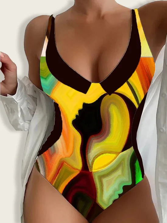 Vacation Abstract Printing V Neck One-Piece Swimsuit