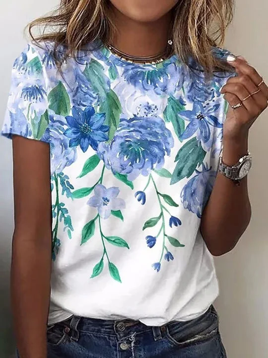 Floral Crew Neck Casual Loose T-Shirt