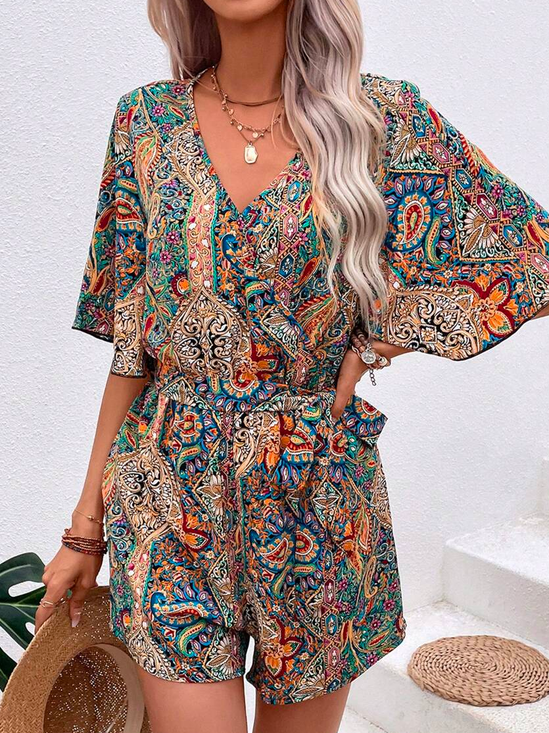 Ethnic Loose V Neck Vacation Paisley Print Butterfly Sleeve Belted Romper