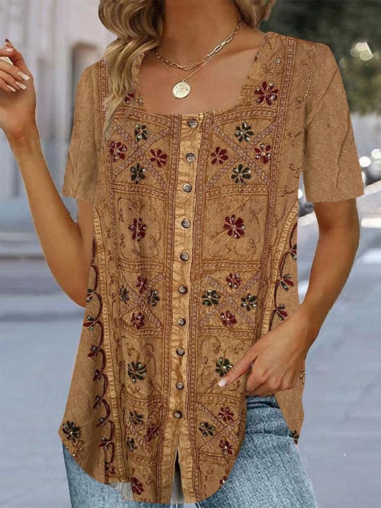 Square Neck Casual Ethnic Blouse