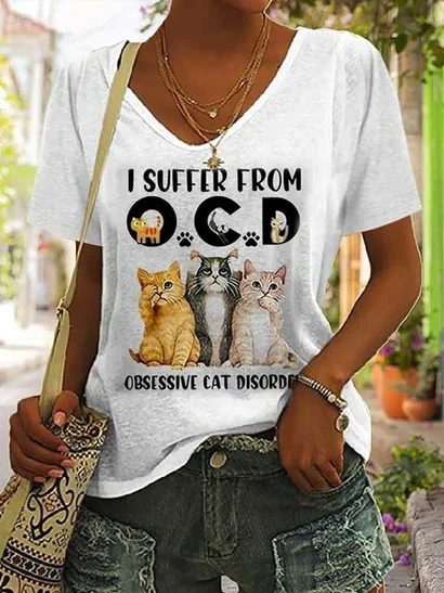 Fun Animal Design Loose V-Neck Knitted T-Shirt