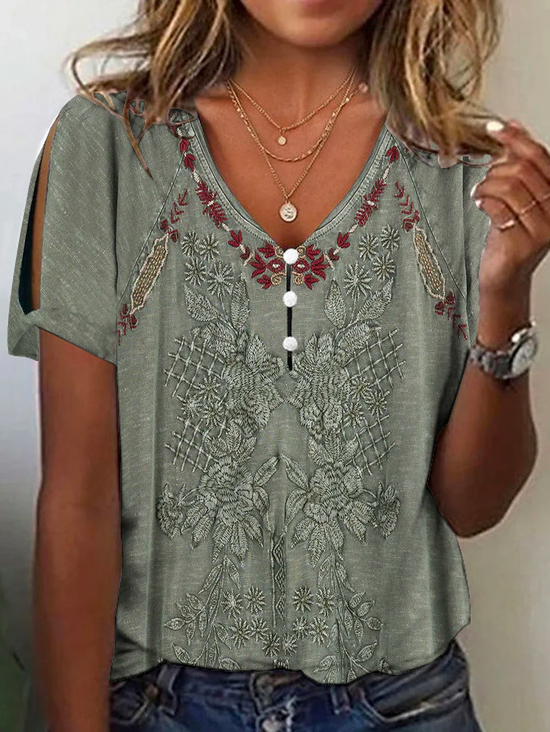 Casual V Neck Ethnic Buttoned Blouse