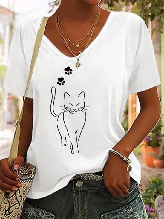 JFN Casual V Neck Cotton-blend Cat T-Shirt