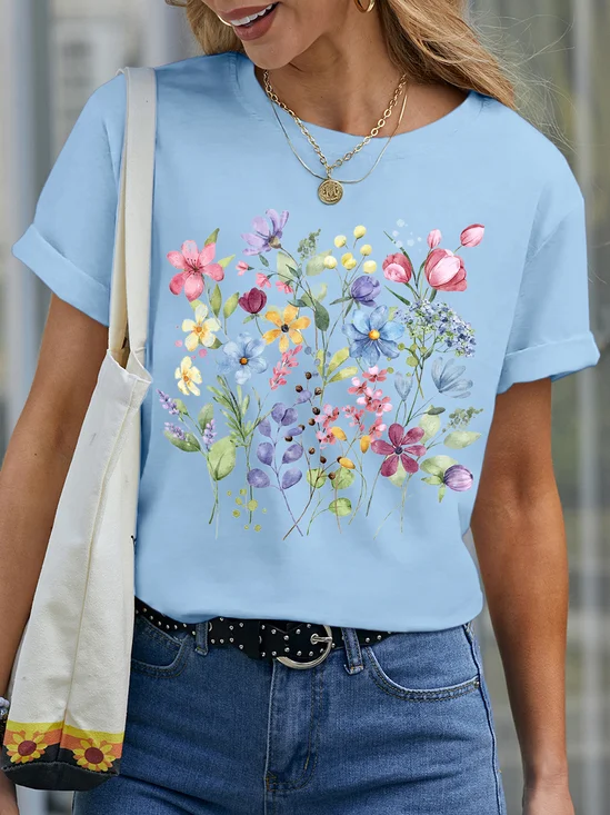 Women's Short Sleeve Tee T-shirt Summer Floral Cotton Crew Neck Daily Going Out Casual Top Light Blue