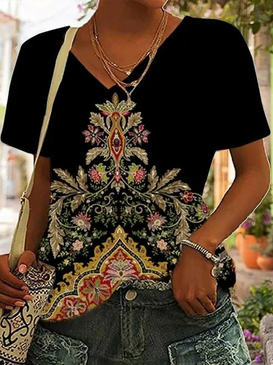 Casual Loose Ethnic V Neck T-Shirt