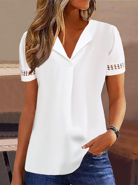 Women's Short Sleeve Shirt Summer White Plain Eyelet Shawl Collar Daily Going Out Simple Top