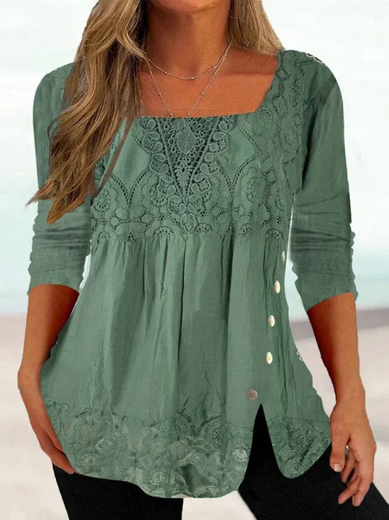 Casual Lace Square Neck Long Sleeve Loose Plus Size Shirt