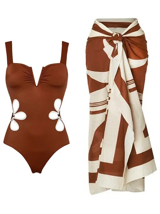 Vacation Abstract Hollow Out One Piece With Cover Up