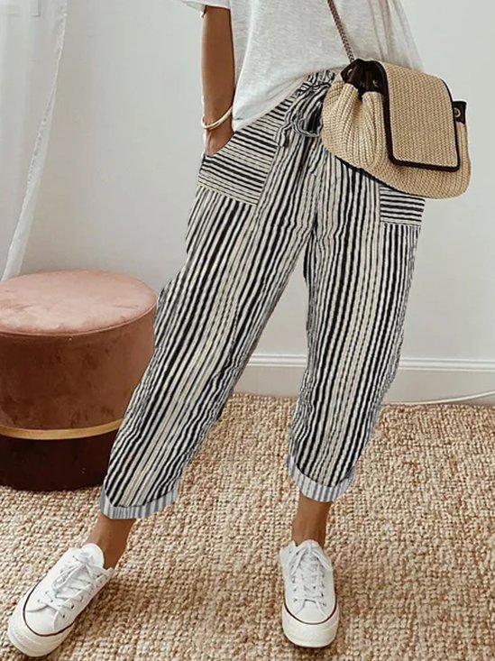 JFN Cotton & Linen Abstract Stripes Loose Casual Pants