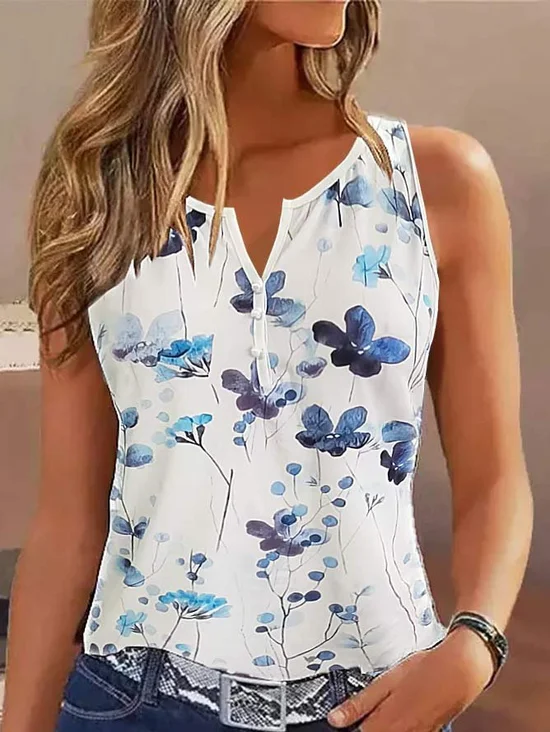 JFN Casual Floral Loose Cotton-blend Tank Top
