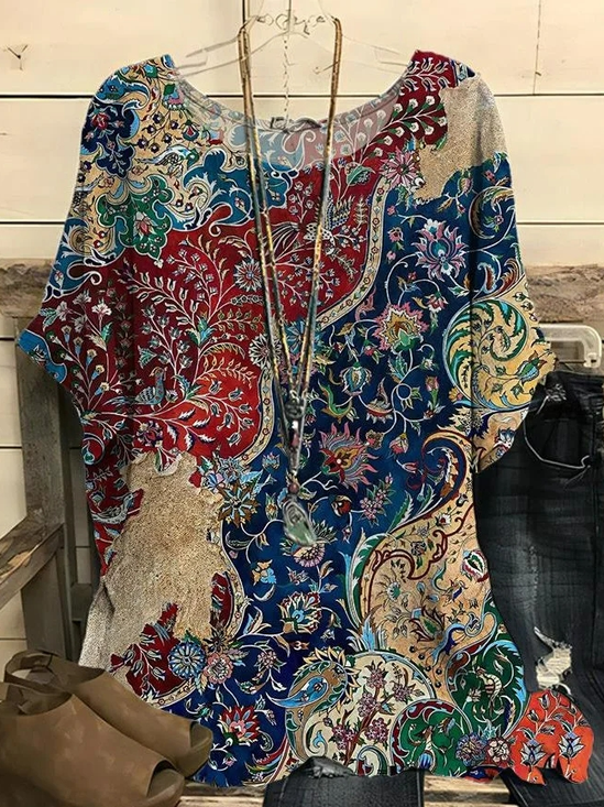 Crew Neck Casual Loose Ethnic Blouse