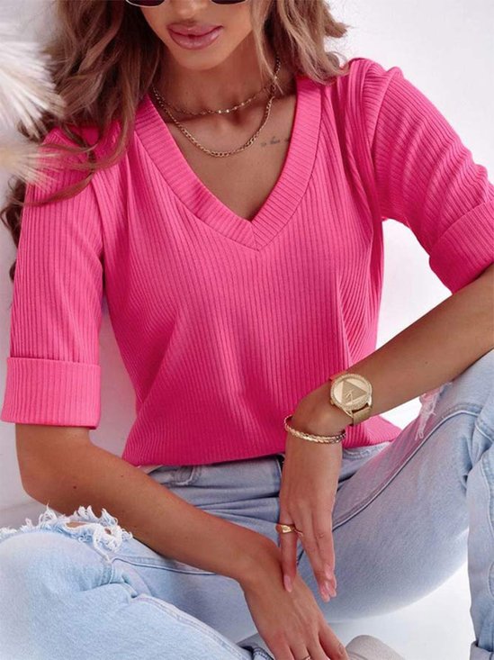 Women's Half Sleeve T-shirt Summer Plain Ribbed V Neck Going Out Casual Top Deep Pink 