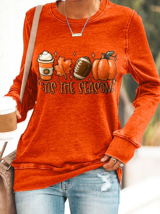 Casual Halloween Football Tis The Season Pumpkin Maple Leaf Print Sweatshirt