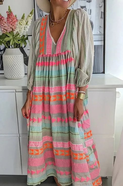 JFN Cotton & Linen Geometric Color Block Printed A-line Midi Dress