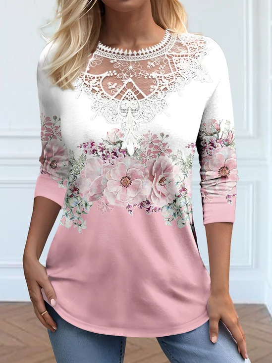 Lace Crew Neck Casual Floral Shirt