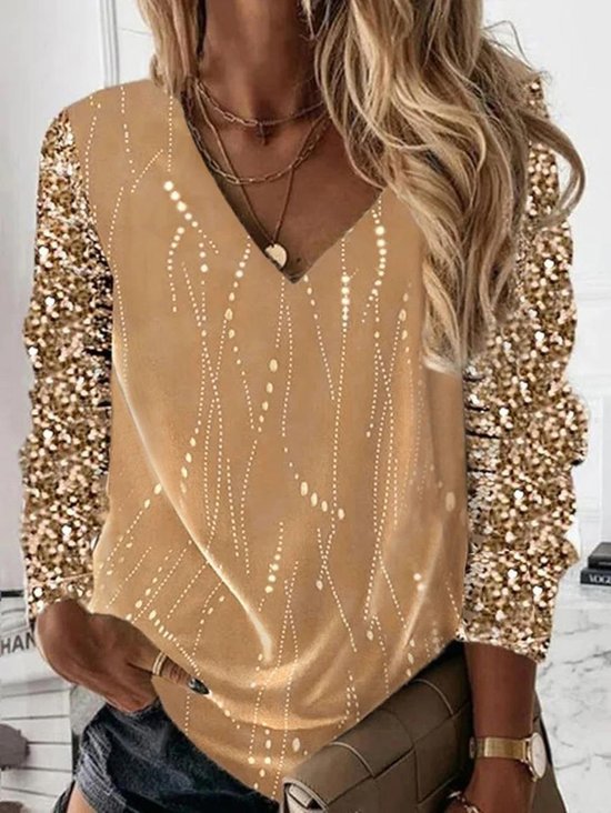 Women's Long Sleeve Blouse Spring/Fall Plain Glitter V Neck Holiday Going Out Casual Top