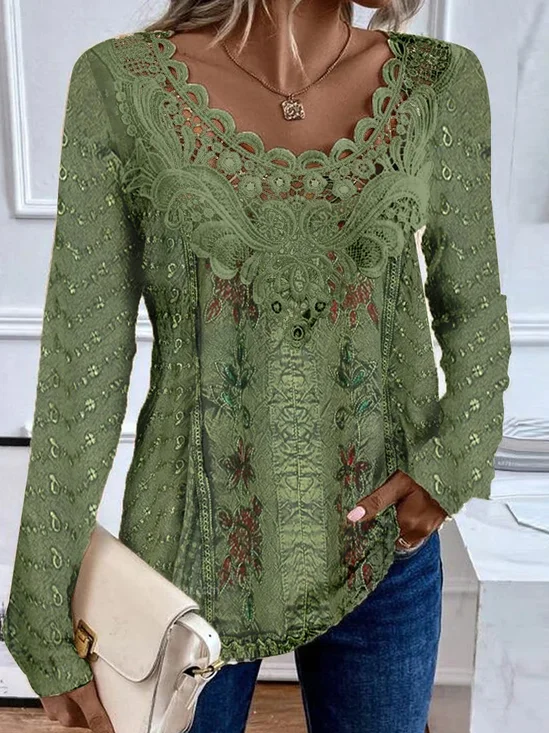 Women's Long Sleeve Blouse Spring/Fall Random Print Lace Jersey Crew Neck Daily Going Out Casual Top Green