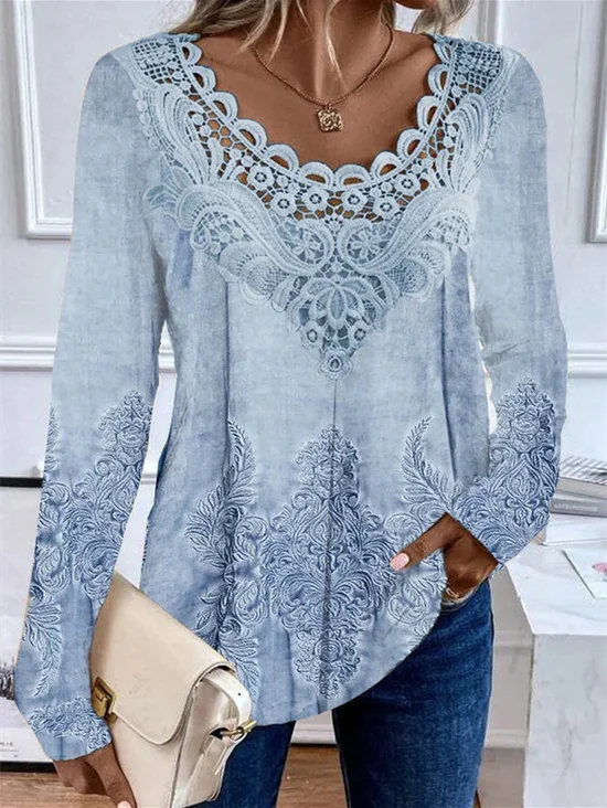 Women's Long Sleeve Blouse Spring/Fall Random Print Lace Jersey Crew Neck Daily Going Out Casual Top Blue